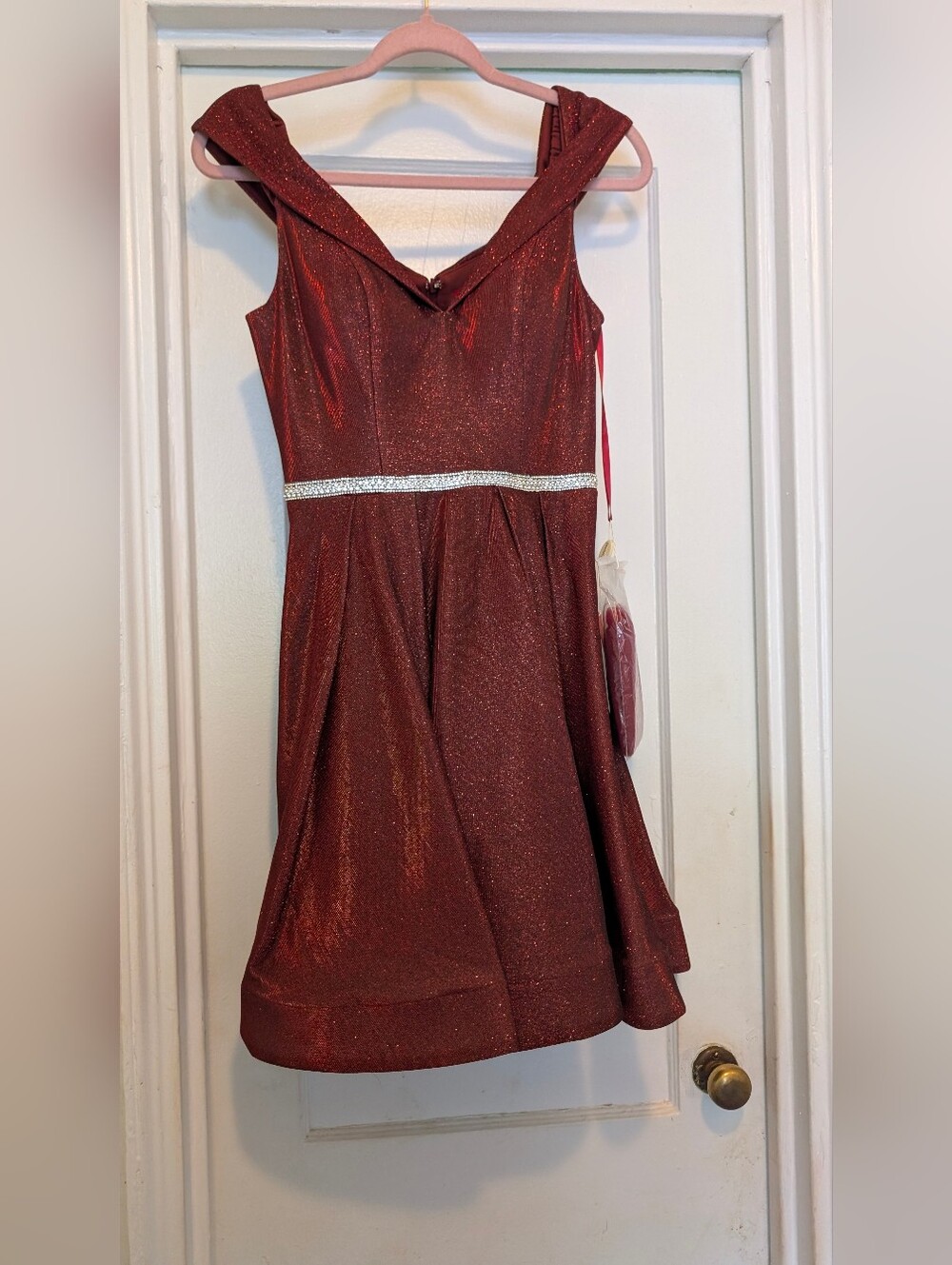 Dancing Queen Sparkle Burgundy Formal Dress with Rhinestone Waist